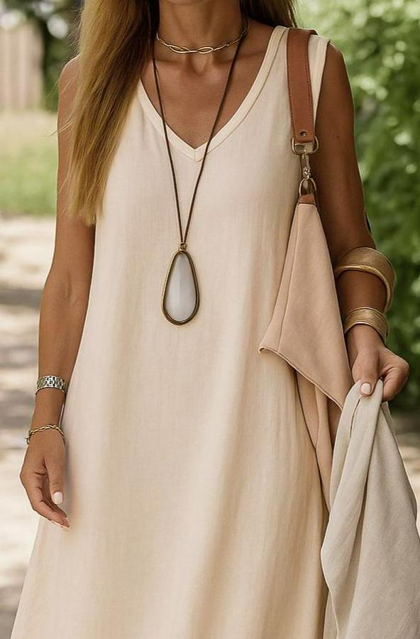 Kolsuz V Yakalı Maksi Boy Ithal Keten Elbise