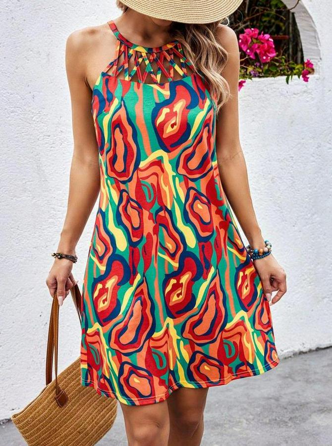 Kolsuz Yuvarlak Yaka Önden Çapraz Şerit Detay Çok Renkli Baskılı Süprem Kısa Elbise