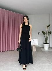 Krinkil Kumaş Beli Gipeli Halter Yaka Maxi Boy Elbise