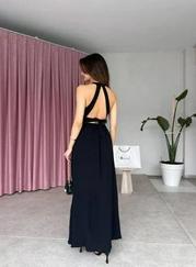 Krinkil Kumaş Beli Gipeli Halter Yaka Maxi Boy Elbise