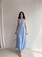 Krinkil Kumaş Beli Gipeli Halter Yaka Maxi Boy Elbise