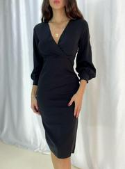 Kruvaze Yaka Balon Kol Midi Boy Elbise