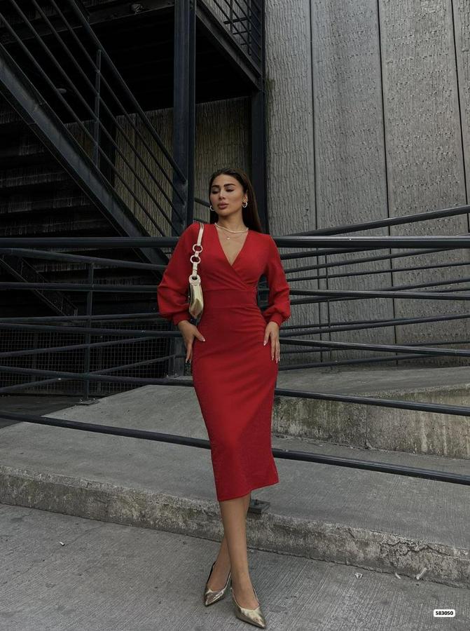 Kruvaze Yaka Balon Kol Simli Krep Kumaş Midi Boy Elbise