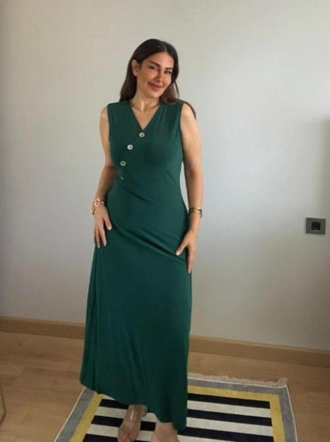 Kruvaze Yaka Düğme Detay Maxi Boy Elbise