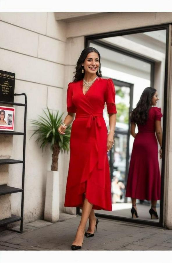 Kruvaze Yaka Midi Boy Kuşaklı Krep Elbise 120 Cm