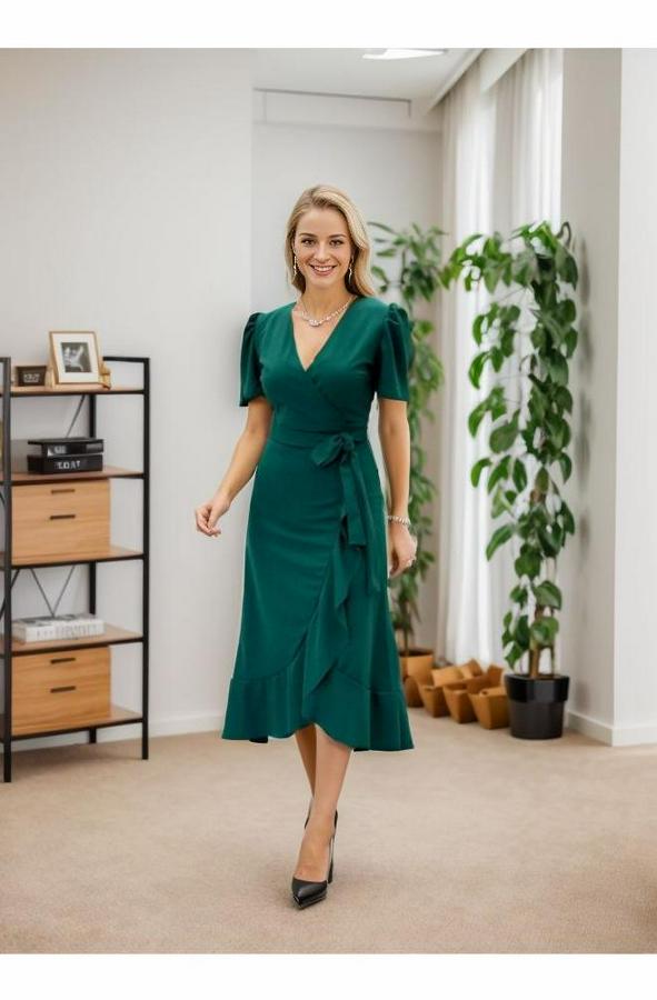 Kruvaze Yaka Midi Boy Kuşaklı Krep Elbise 120 Cm