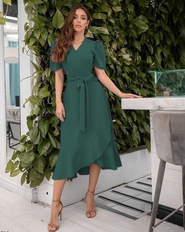 Kruvaze Yaka Midi Boy Kuşaklı Krep Elbise 120 Cm