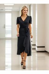 Kruvaze Yaka Midi Boy Kuşaklı Krep Elbise 120 Cm