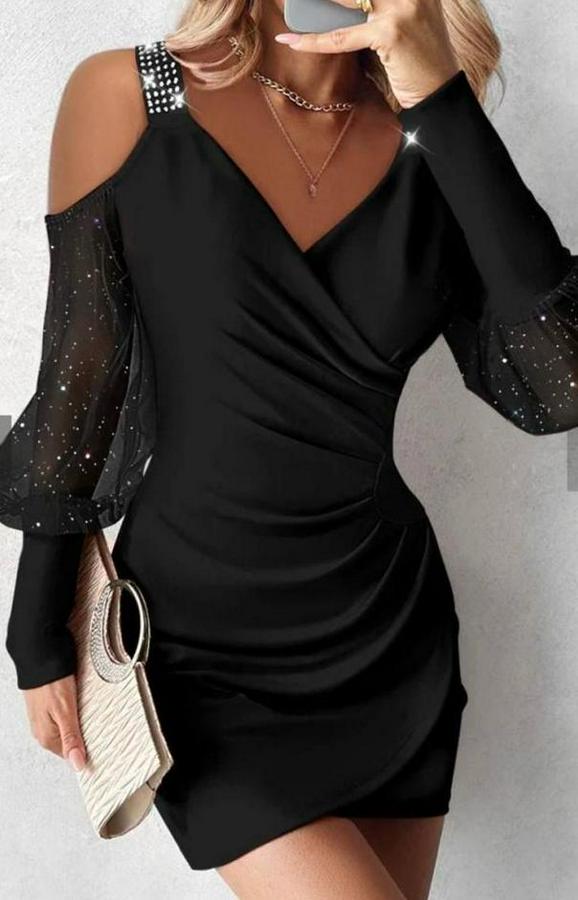 Kruvaze Yaka Omuz Ve Sırt Dekolteli Taş Detay Mini Elbise