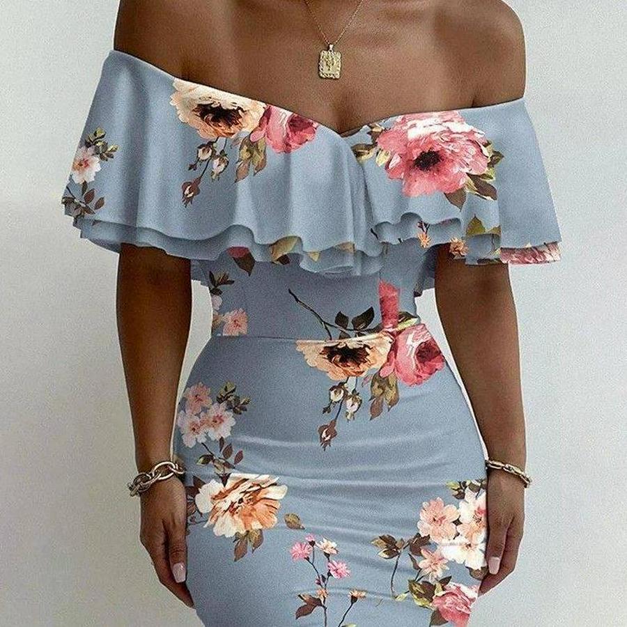 Madonna Yaka Çiçek Baskılı Volan Detay Kalem Elbise