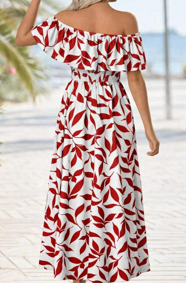 Madonna Yaka Göğüs Lastikli Yırtmaçlı Uzun Desenli Süprem Elbise