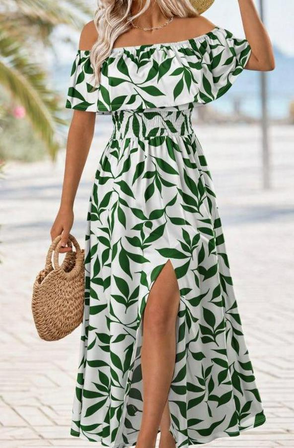 Madonna Yaka Göğüs Lastikli Yırtmaçlı Uzun Desenli Süprem Elbise