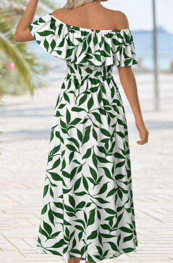 Madonna Yaka Göğüs Lastikli Yırtmaçlı Uzun Desenli Süprem Elbise