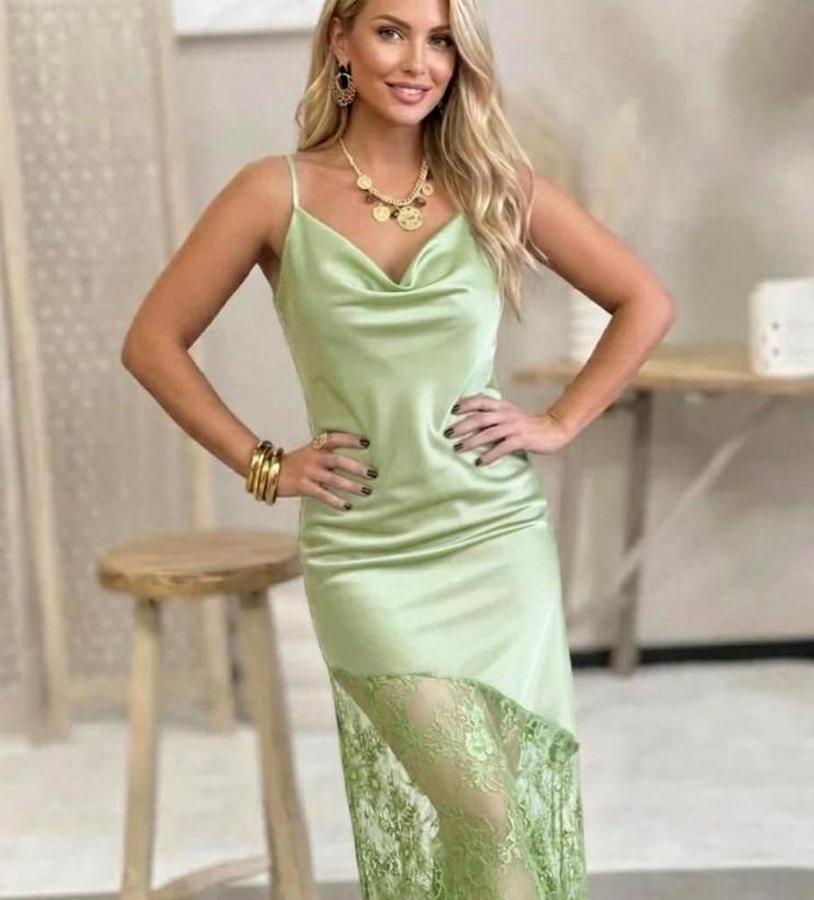 Omuz Askılı Fantel Güpür Transparan Detay Saten Elbise