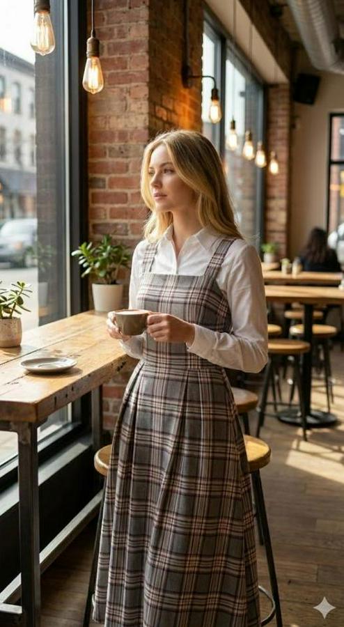 Omuz Askılı Full Ekose Detay Elbise