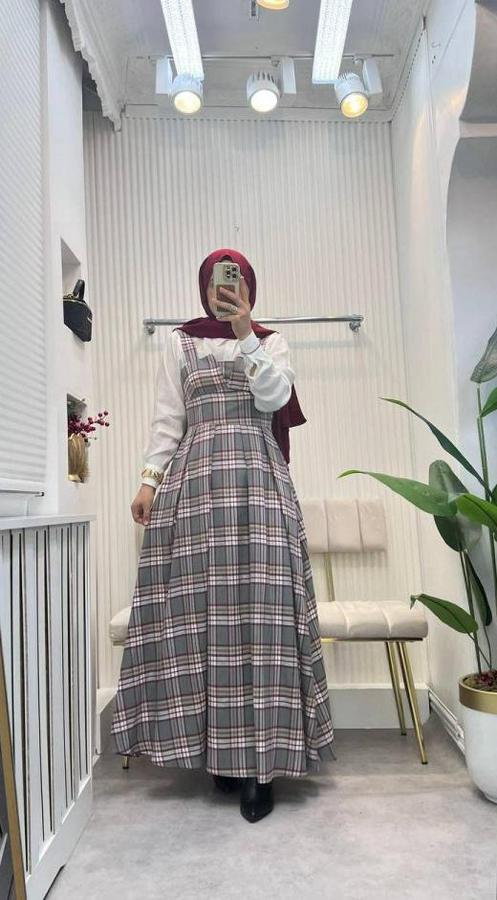 Omuz Askılı Full Ekose Detay Elbise