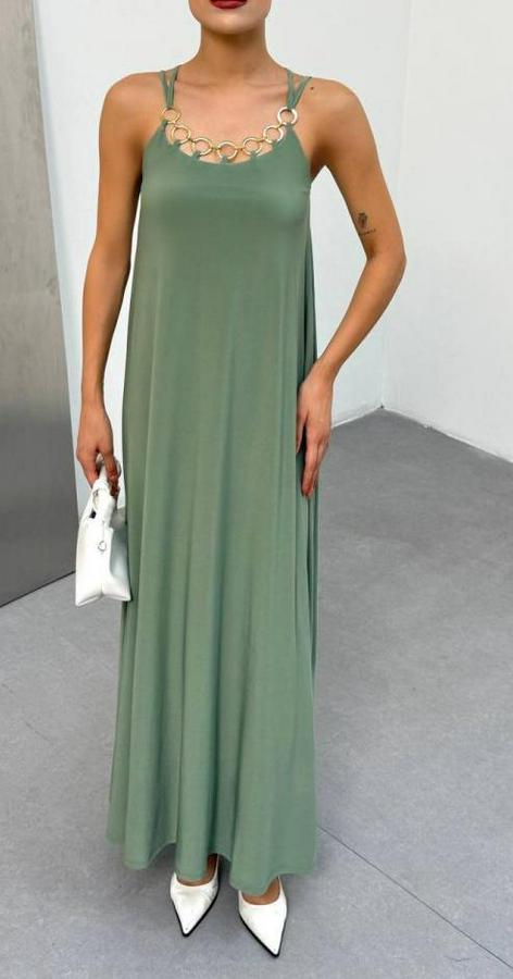 Omuz Askılı Kuş Gözü Zincir Detay Sandy Kumaş Maxi Boy Elbise