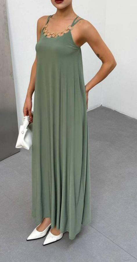 Omuz Askılı Kuş Gözü Zincir Detay Sandy Kumaş Maxi Boy Elbise