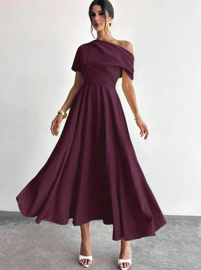 Omuzdan Açık Kısa Kollu Omuzdan Pileli Uzun Janjan Krep Elbise