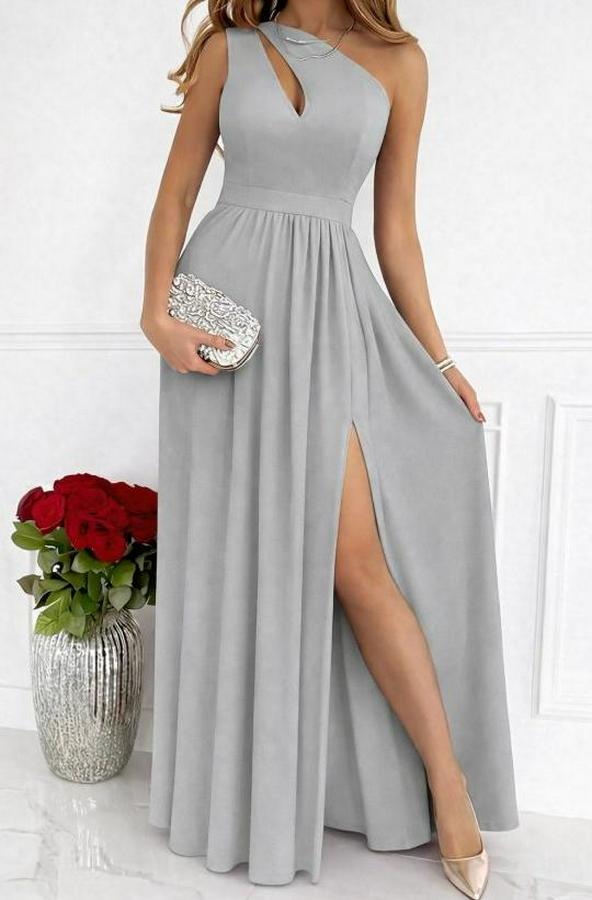 Omuzlardan Açık Asimetrik Yaka Detaylı Yırtmaçlı Maksi Boy Janjan Krep Elbise