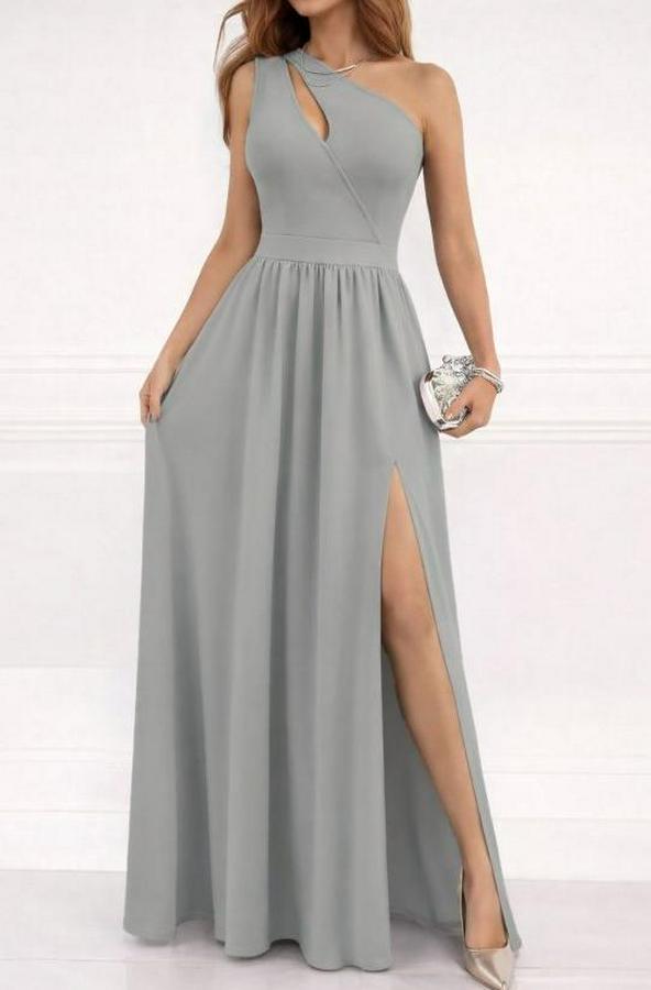 Omuzlardan Açık Asimetrik Yaka Detaylı Yırtmaçlı Maksi Boy Janjan Krep Elbise