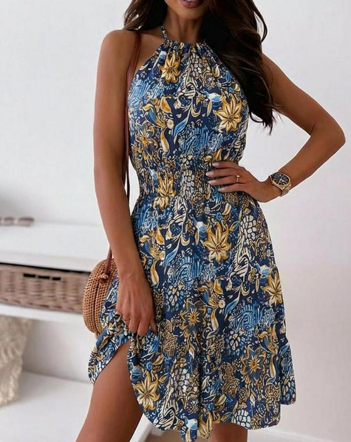 Omuzlardan Açık Beli Lastikli Desenli Kısa Süprem Elbise