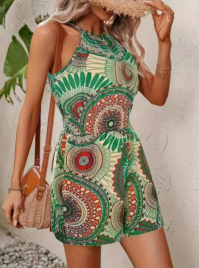 Omuzlardan Açık Boyun Arkasından Bağlamalı Beli Lastikli Desenli Süprem Kısa Tulum