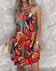 Omuzlardan Açık Çapraz Şerit Detaylı Desenli Süprem Elbise