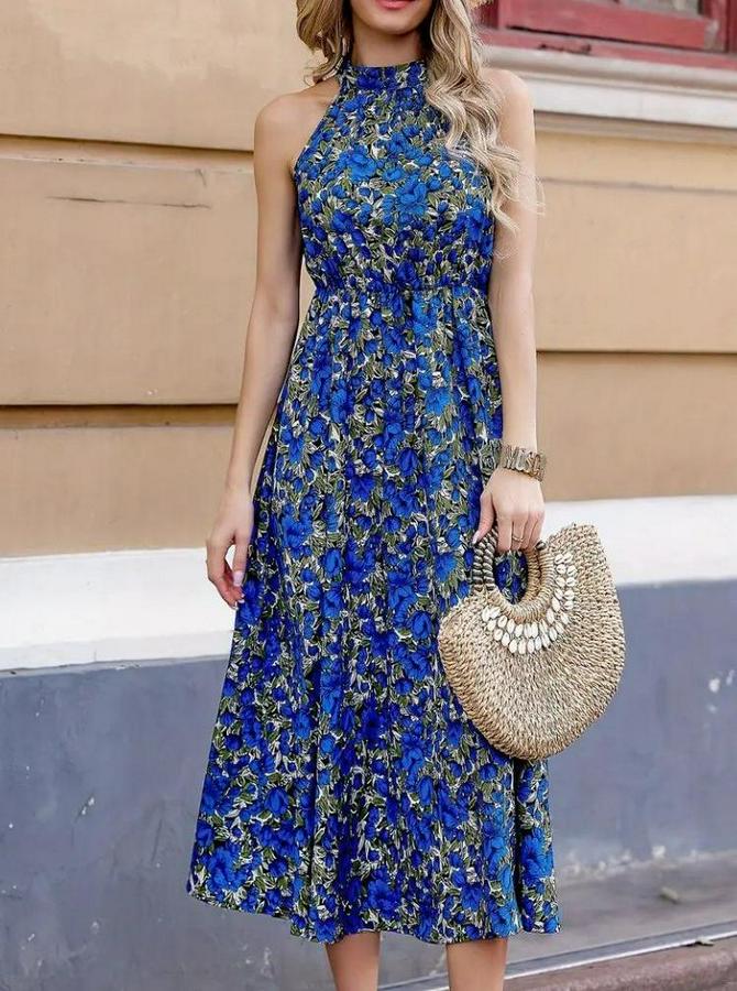 Omuzlardan Açık Daire Yaka Desenli Maxi Süprem Elbise