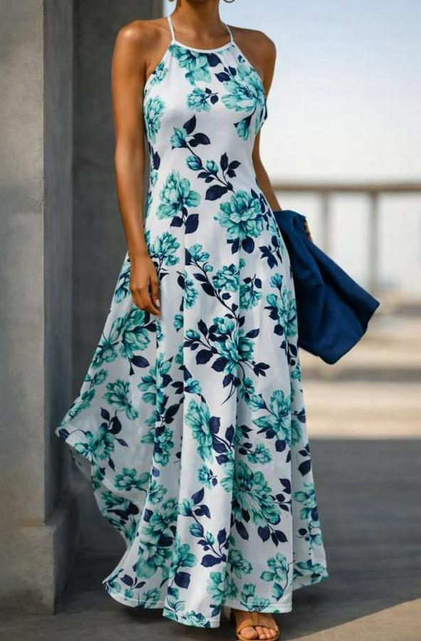 Omuzlardan Açık Ip Askılı Desenli Uzun Süprem Elbise