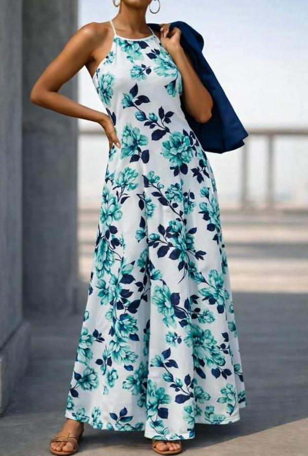 Omuzlardan Açık Ip Askılı Desenli Uzun Süprem Elbise