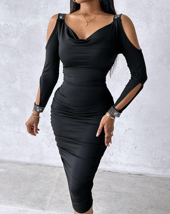 Omuzlardan Açık Uzun Kollu Taşlı Degaje Yakalı Sandy Midi Elbise