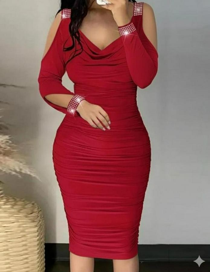 Omuzlardan Açık Uzun Kollu Taşlı Degaje Yakalı Sandy Midi Elbise