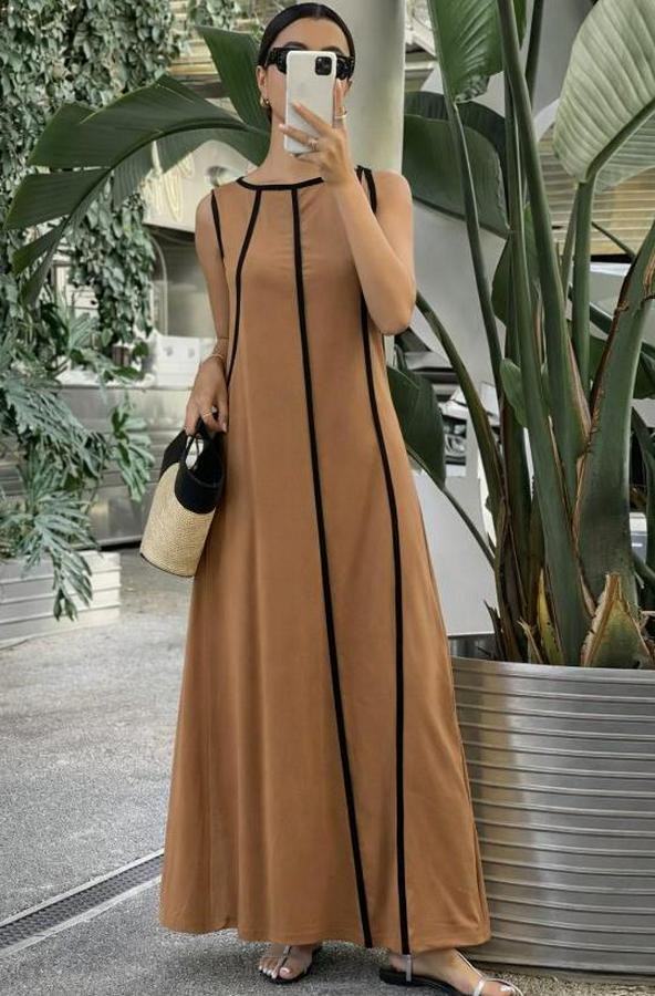 Omuzlardan Açık Yaka Ince Şerit Detaylı Uzun Viskon Elbise