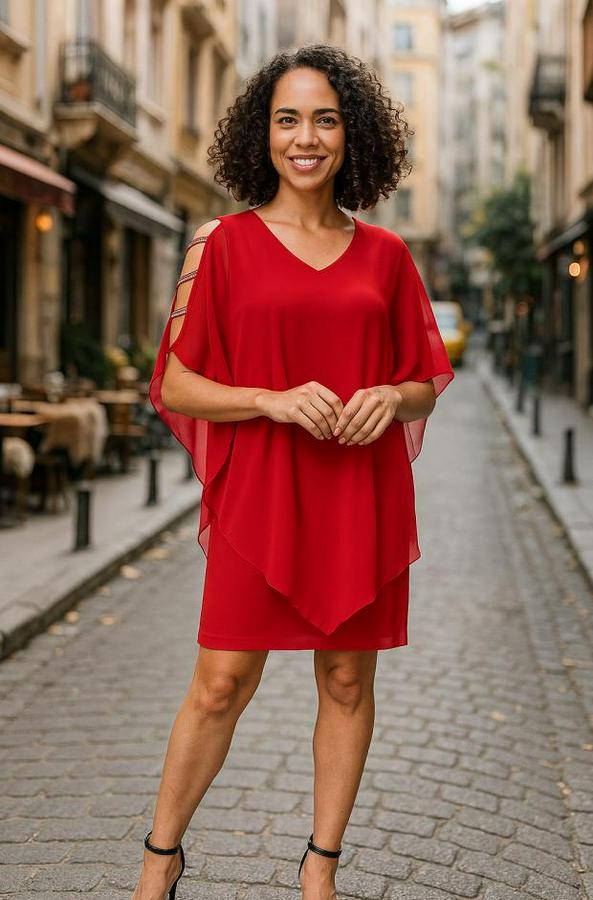 Omzu Açık V Yaka Şifonlu Sandy Kumaş Fırsat Ürün Diz Üstü Elbise