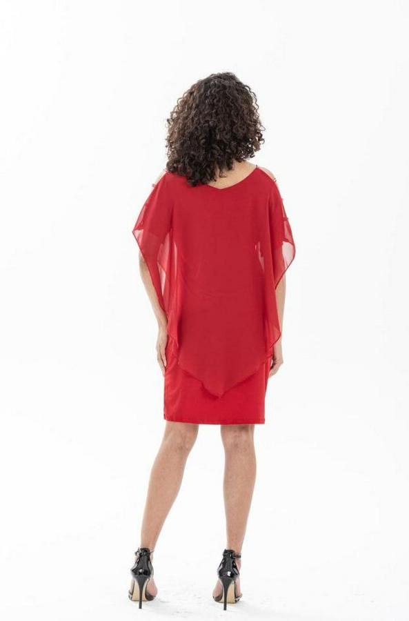 Omzu Açık V Yaka Şifonlu Sandy Kumaş Fırsat Ürün Diz Üstü Elbise