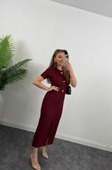 Ottoman Kumaş Likralı Düğme Tasarımlı Kısa Kol Kalem Elbise