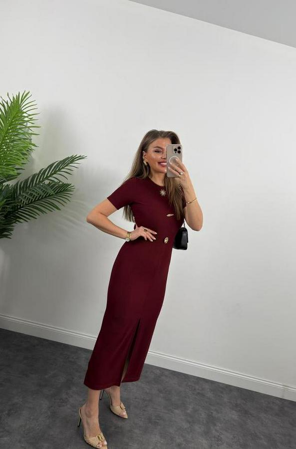 Ottoman Kumaş Likralı Düğme Tasarımlı Kısa Kol Kalem Elbise