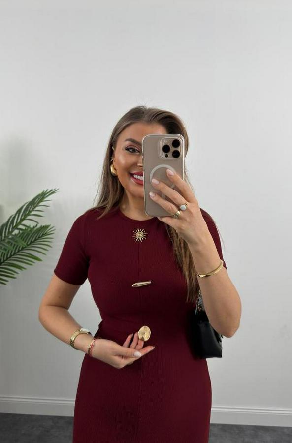 Ottoman Kumaş Likralı Düğme Tasarımlı Kısa Kol Kalem Elbise