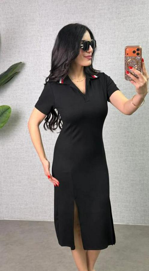 Polo Yaka Çift Yırtmaç Detay Modal Kumaş Midi Boy Elbise