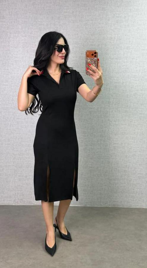 Polo Yaka Çift Yırtmaç Detay Modal Kumaş Midi Boy Elbise