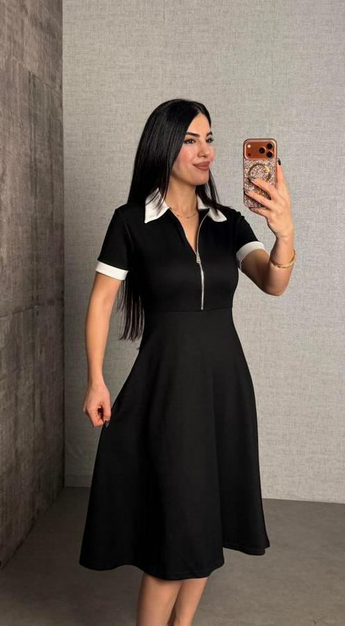 Polo Yaka Fermuar Detaylı Modal Midi Elbise