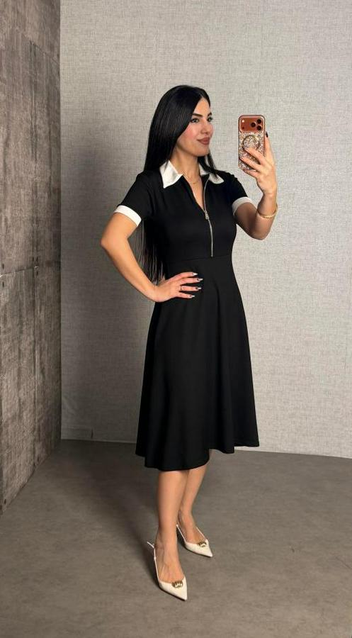 Polo Yaka Fermuar Detaylı Modal Midi Elbise