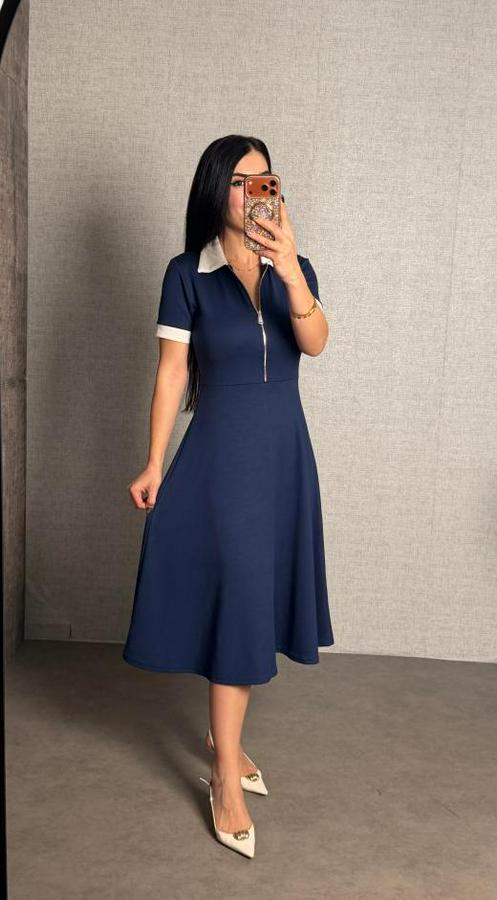 Polo Yaka Fermuar Detaylı Modal Midi Elbise