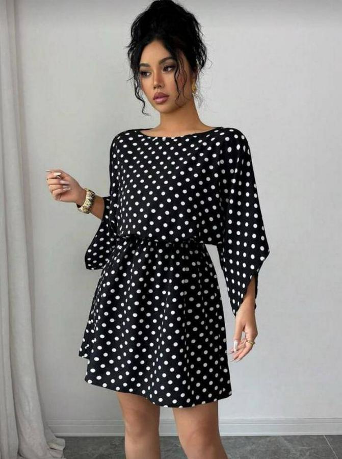 Puantiyeli Örme Krep Mini Elbise (Kemersiz)