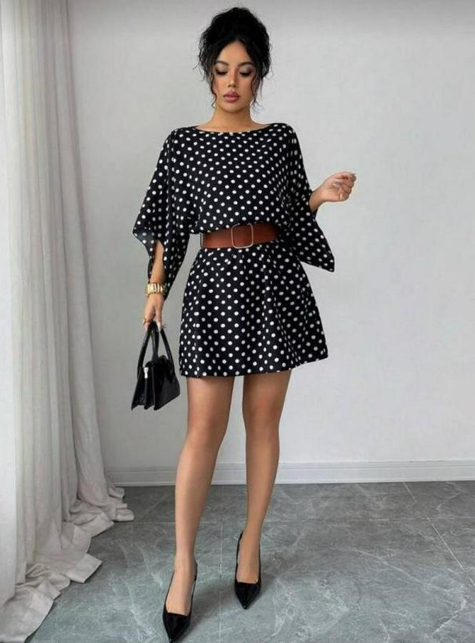 Puantiyeli Örme Krep Mini Elbise (Kemersiz)