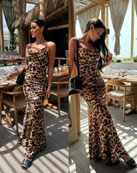 Saten Kumaş Leopar Desenli Uzun Askılı Elbise