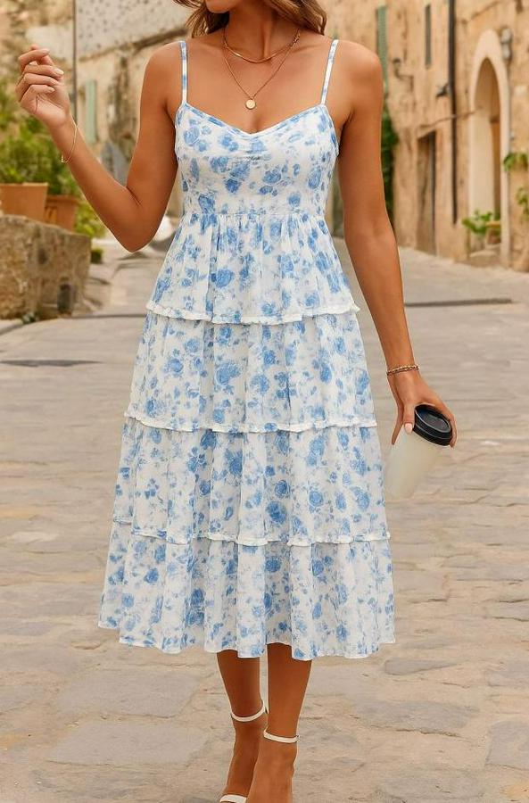 Sıfır Kol Askılı Dekolteli Yırtmaç Detay Çiçek Baskılı Süprem Midi Elbise