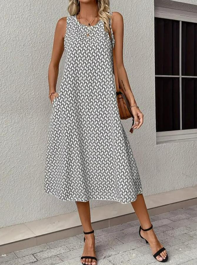 Sıfır Kol Bisiklet Yaka Desenli Midi Boy Sandy Elbise