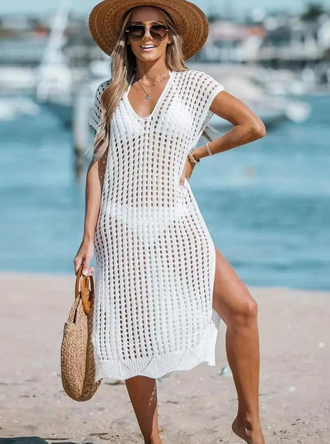 Sıfır Kol V Yaka Yanı Derin Yırtmaçlı Midi Boy Triko Elbise